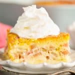 Rhubarb Custard Cake served on plate with red napkin