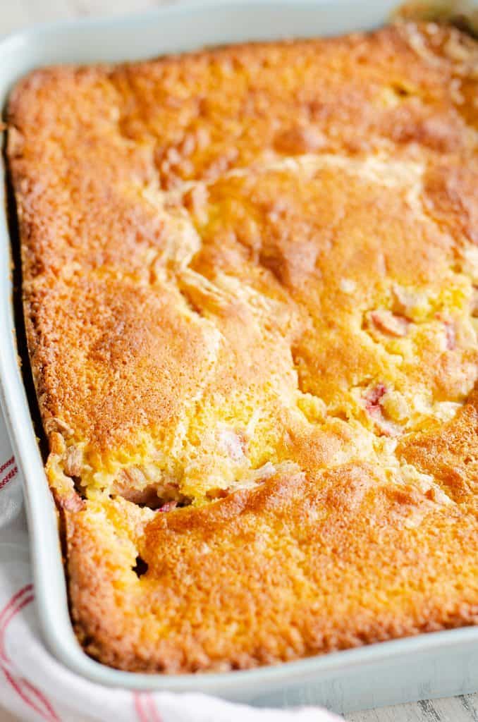 Rhubarb Custard Cake in blue baking dish