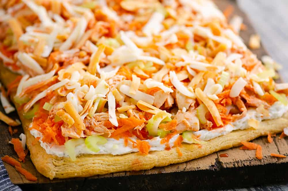 Buffalo Chicken Vegetable Pizza on cutting board