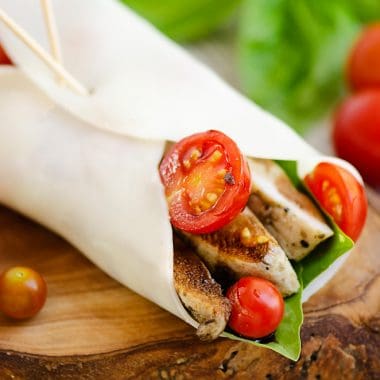 balsamic chicken, tomatoes and basil wrapped in mozzarella cheese wrap