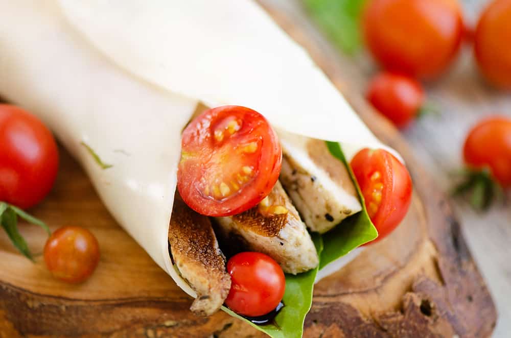 balsamic chicken, tomatoes and basil wrapped in mozzarella cheese wrap