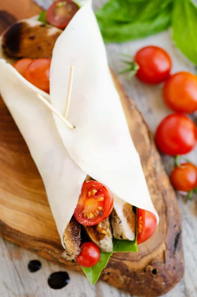 balsamic chicken, tomatoes and basil wrapped in mozzarella cheese wrap