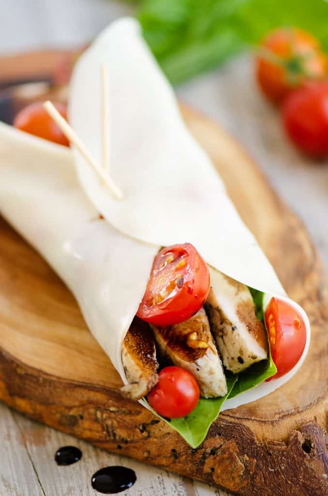 balsamic chicken, tomatoes and basil wrapped in mozzarella cheese wrap