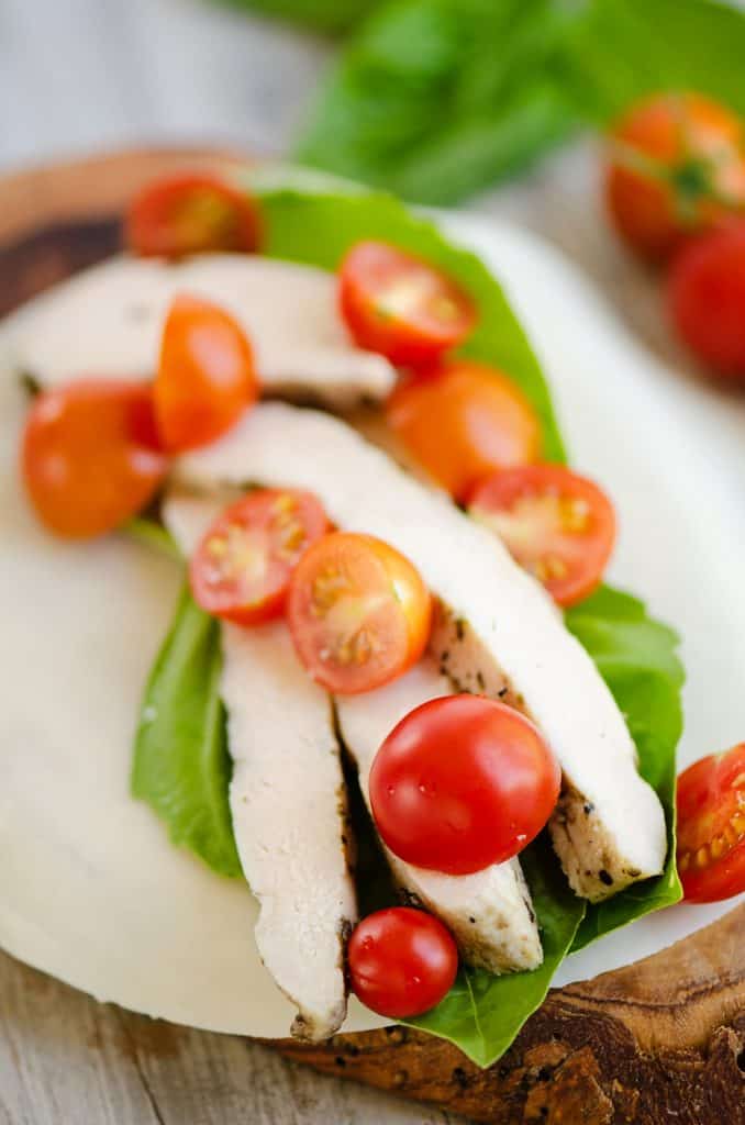 roasted chicken, tomatoes and basil layered on mozzarella cheese wrap