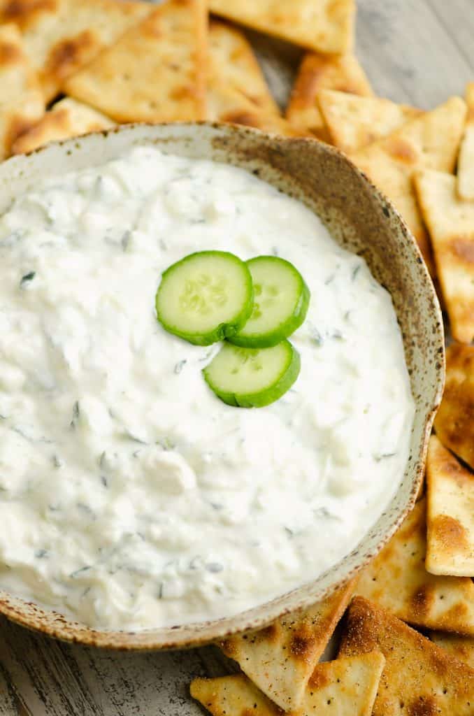 Cucumber Feta Greek Yogurt Dip in rustic bowl served with pita chips