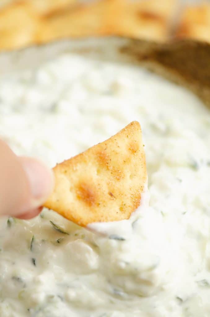 Cucumber Feta Greek Yogurt Dip on pita chip