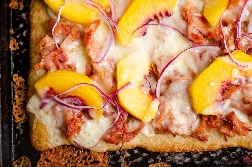 BBQ Peach Pizza on sheet pan