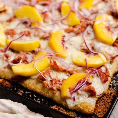 BBQ Peach Pizza on sheet pan