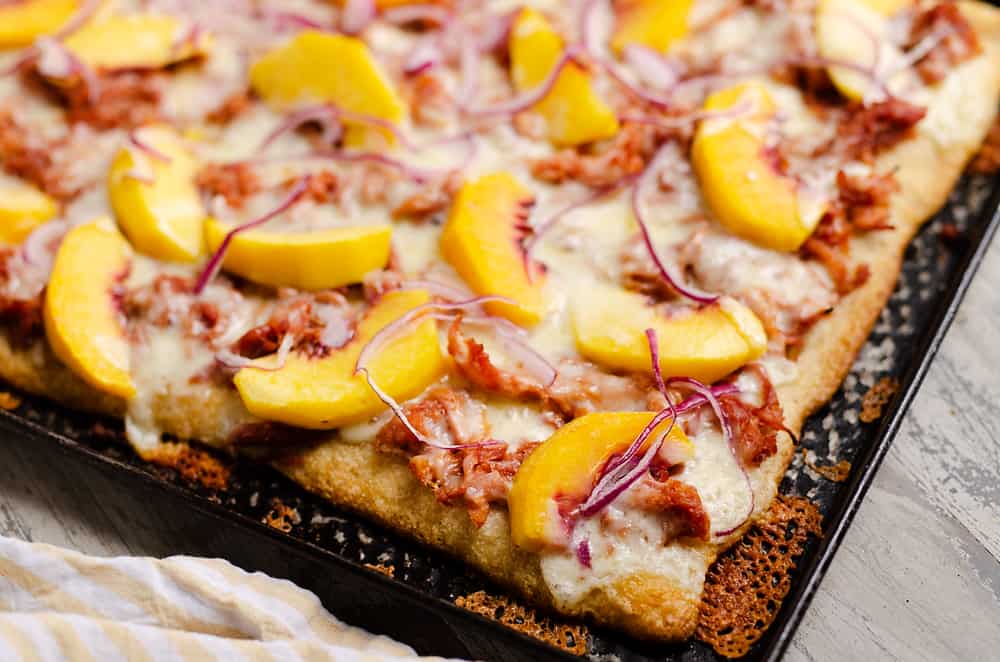 BBQ Peach Pizza on sheet pan