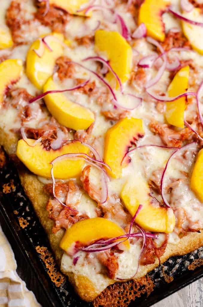 BBQ Peach Pizza on sheet pan