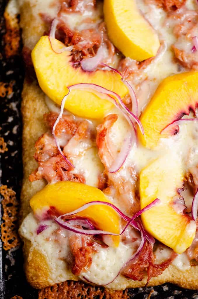 BBQ Peach Pizza on sheet pan