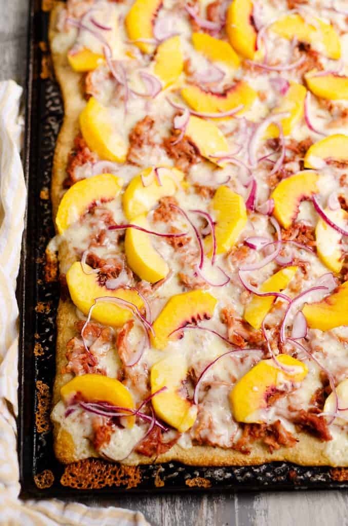 BBQ Peach Pizza on sheet pan