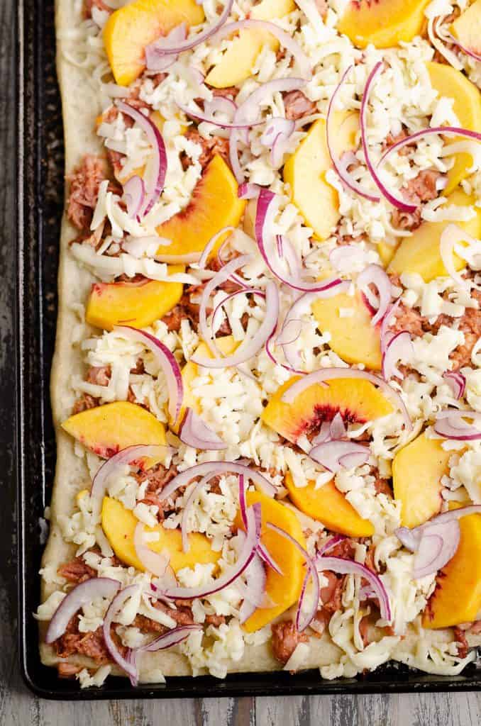 BBQ Peach Pizza on sheet pan