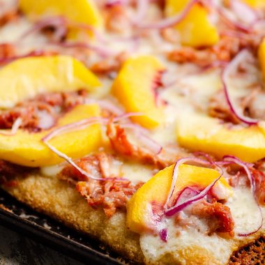 BBQ Peach Pizza on sheet pan