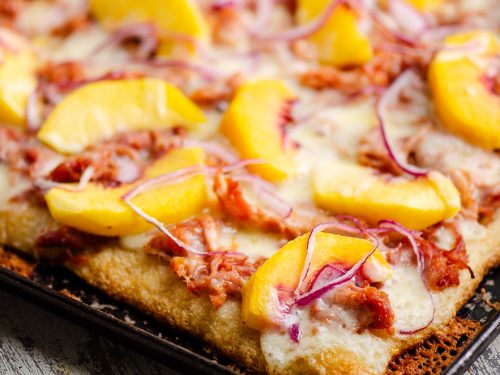 BBQ Peach Pizza on sheet pan