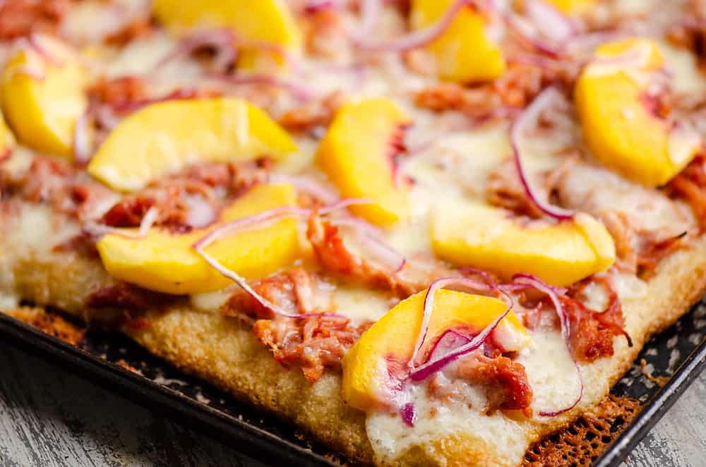 BBQ Peach Pizza on sheet pan