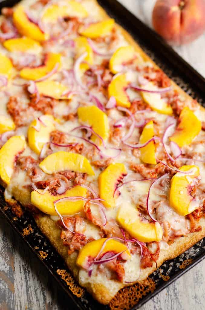 BBQ Peach Pizza on sheet pan