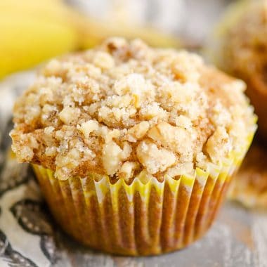 Banana Nut Muffin with Streusel Topping in yellow liner