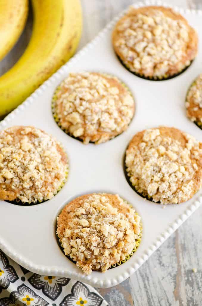 Banana Nut Streusel Muffins in muffin pan on table