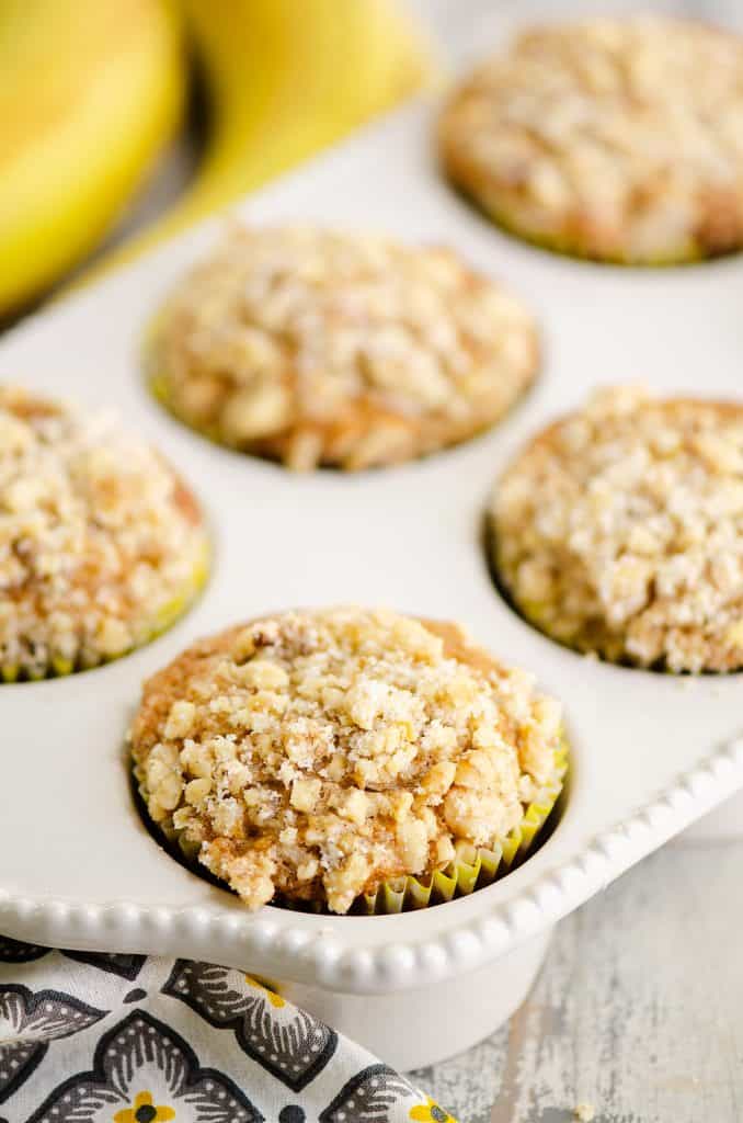 Banana Nut Streusel Muffins in muffin pan on table