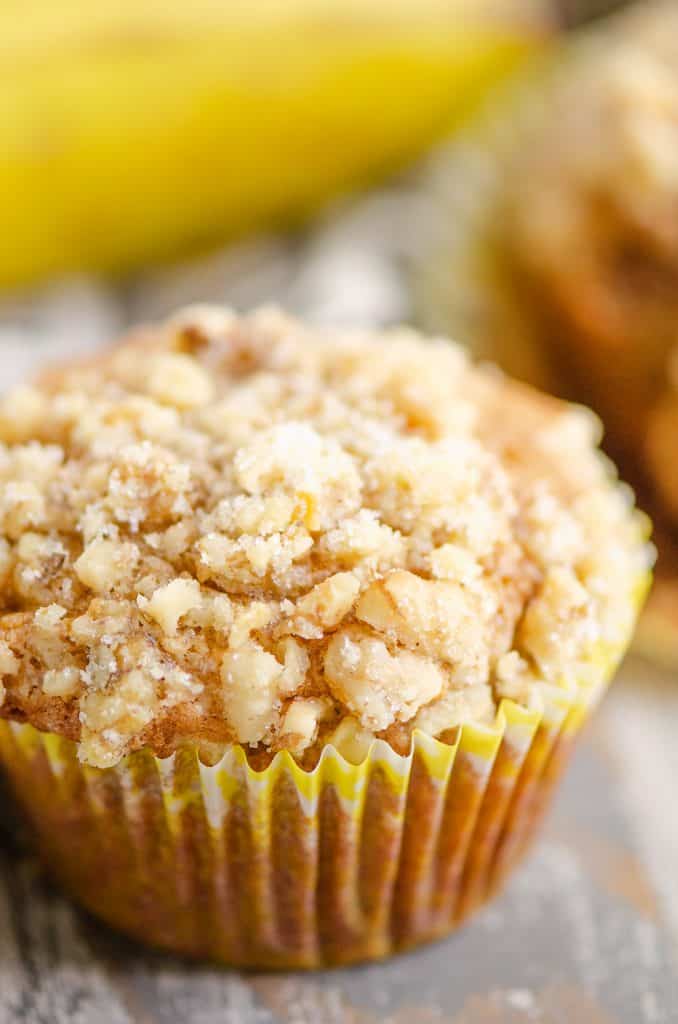 Banana Nut Muffin with Streusel Topping in yellow liner