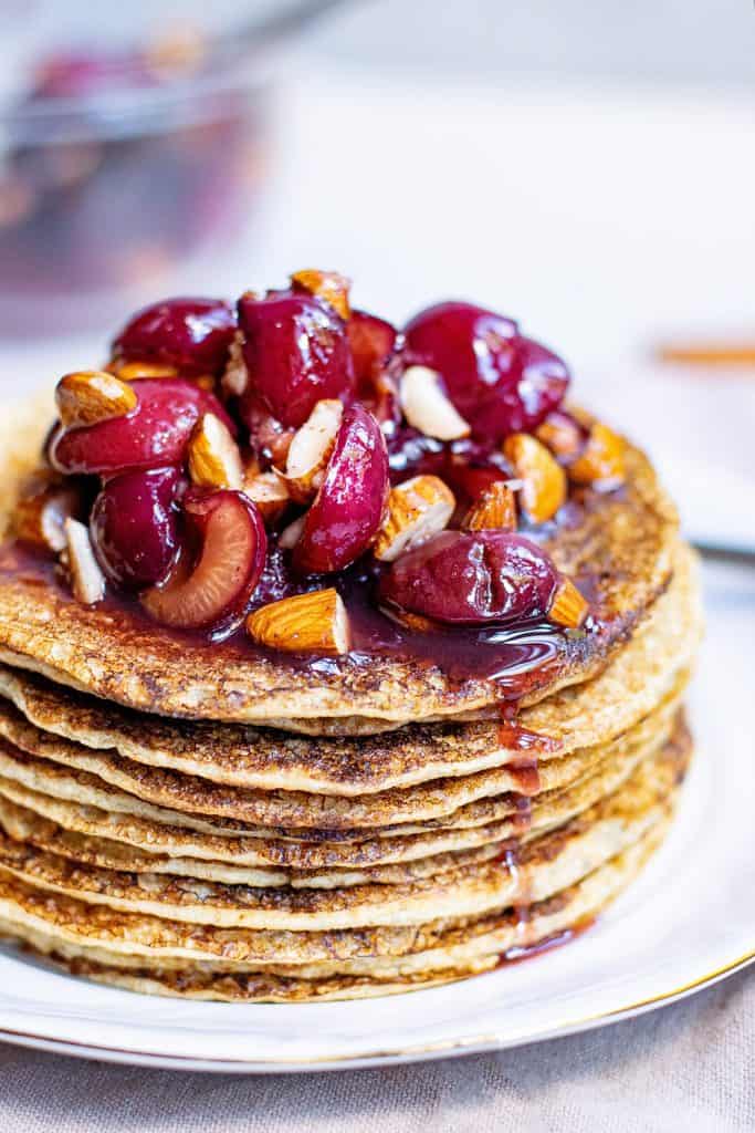 Oatmeal Pancakes topped with cherry almonds