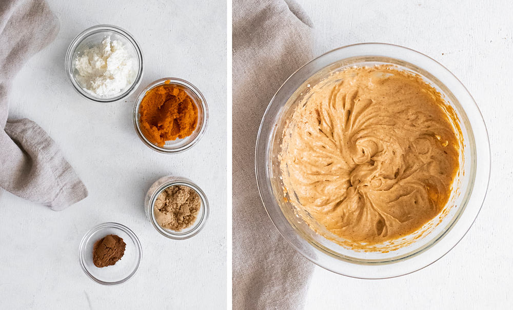 pumpkin cream cheese mousse in clear bowl with ingredients