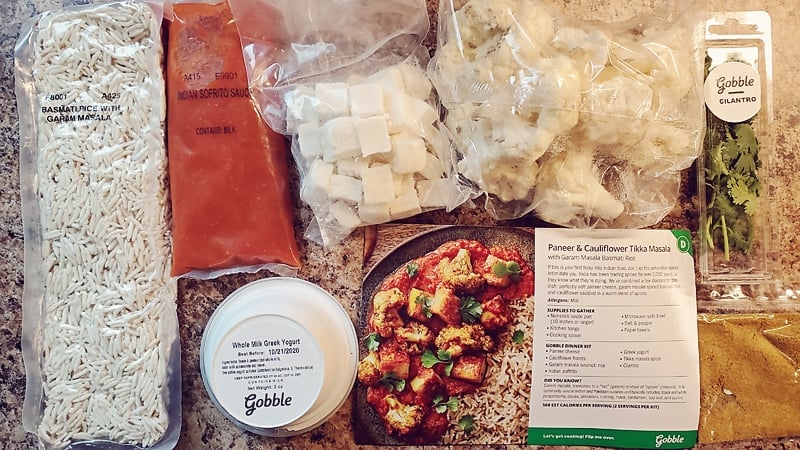 Gobble Paneer Cauliflower Tikka Masala meal kit ingredients on kitchen counter