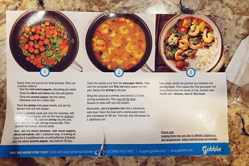 Gobble Thai Red Curry Shrimp instructions card