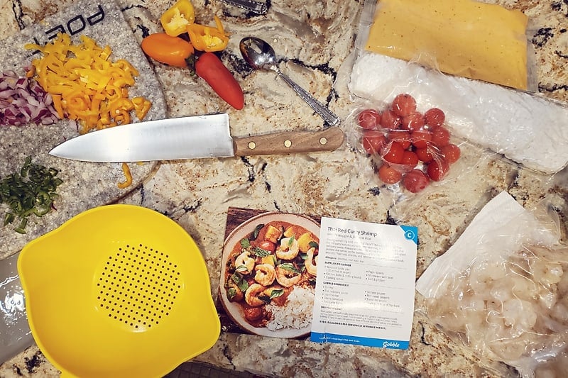 Gobble Thai Red Curry Shrimp meal kit ingredients on counter