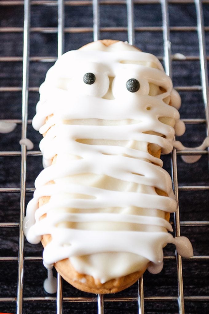 Mummy Nutter Butter Cookies on cooling rack