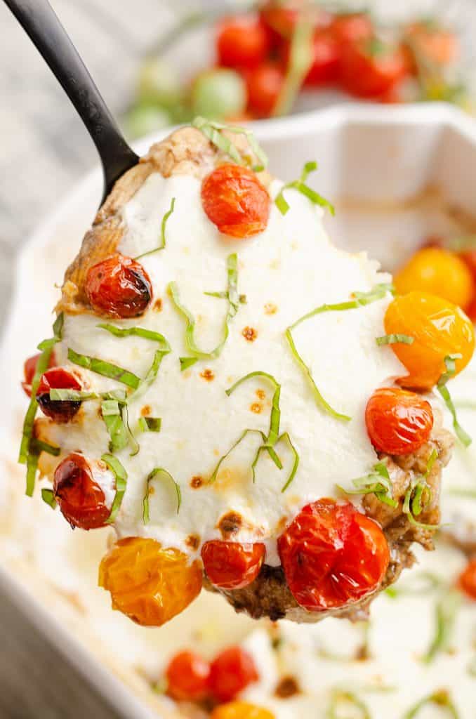 Honey Balsamic Caprese Chicken on black fork