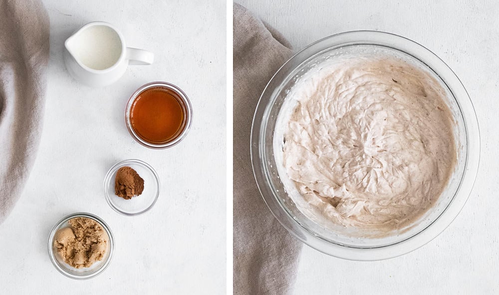 Maple brown sugar whipped cream in clear bowl with ingredients