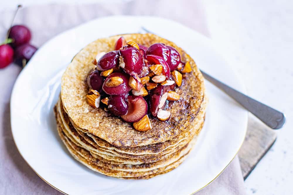 Oatmeal Pancakes topped with cherry almonds