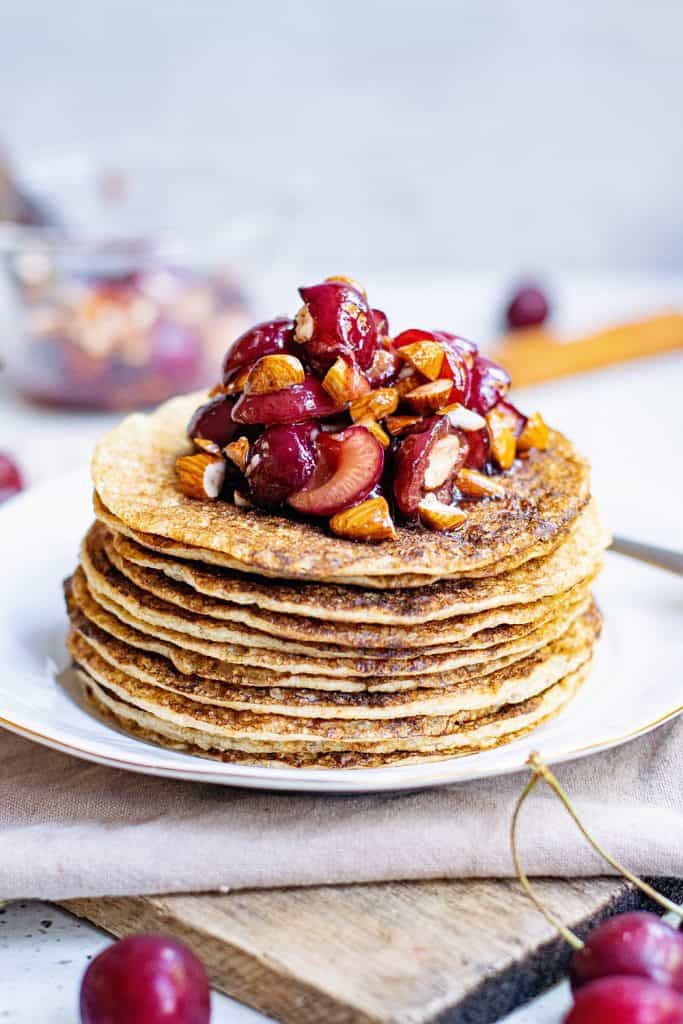 Oatmeal Pancakes topped with cherry almonds