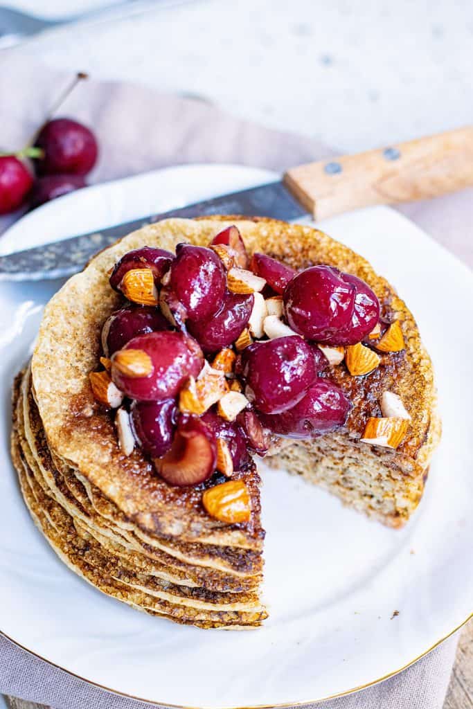 Oatmeal Pancakes topped with cherry almonds