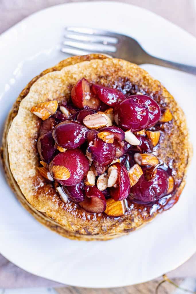 Oatmeal Pancakes topped with cherry almonds