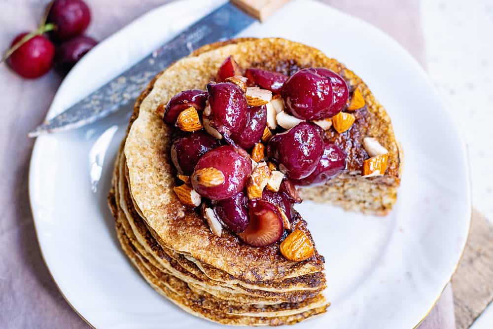 Oatmeal Pancakes topped with cherry almonds