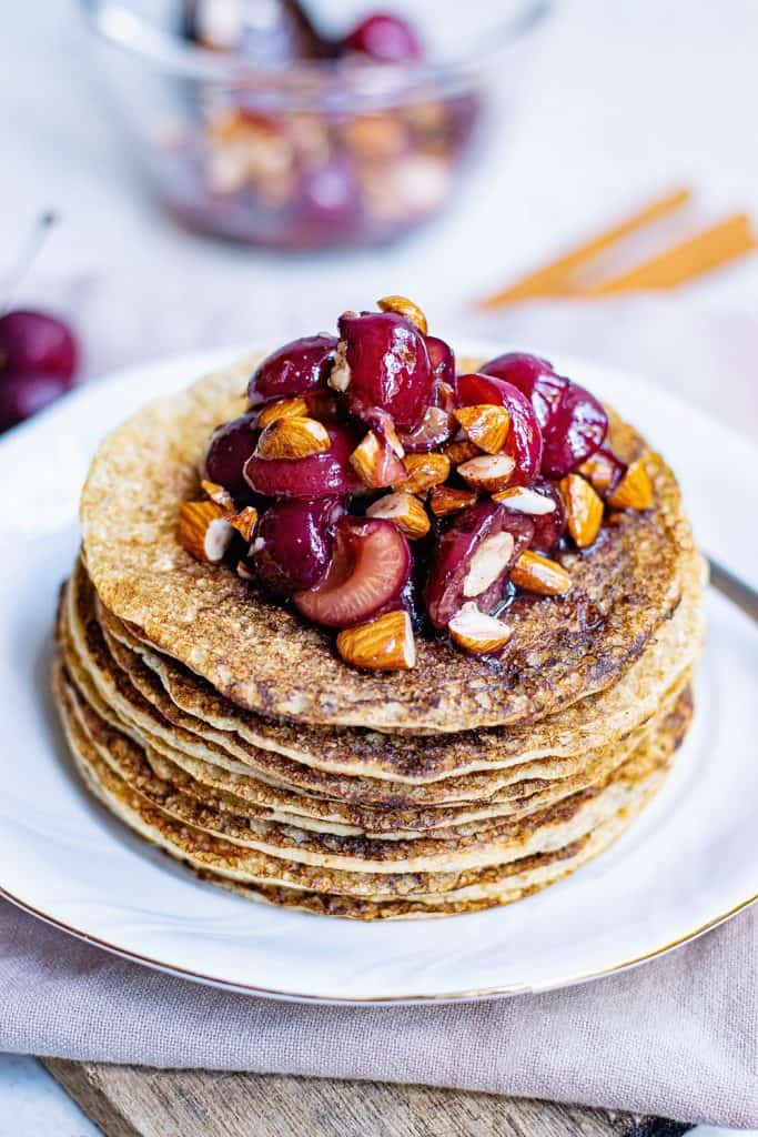 Oatmeal Pancakes topped with cherry almonds
