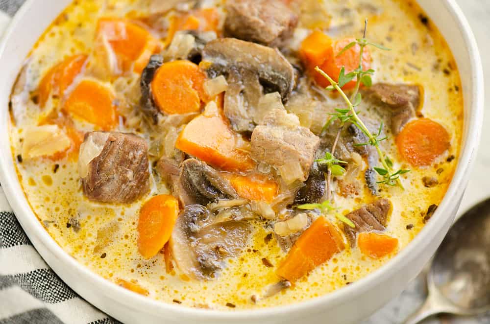 Creamy Mushroom Beef Soup in white bowl