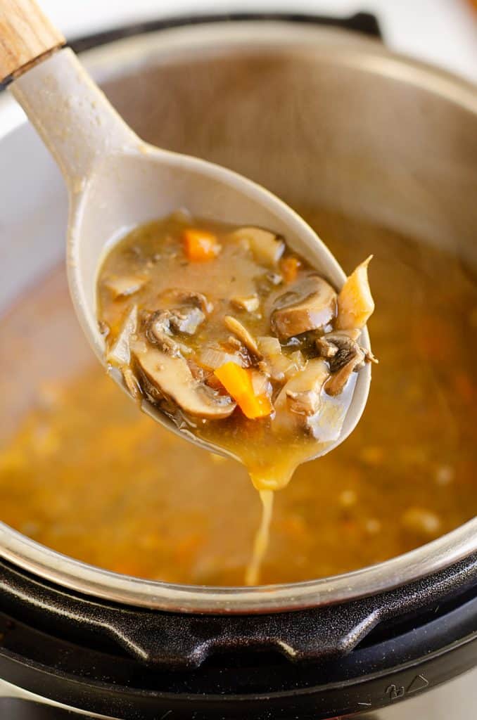 Creamy Mushroom Beef Soup spoonful over instant pot