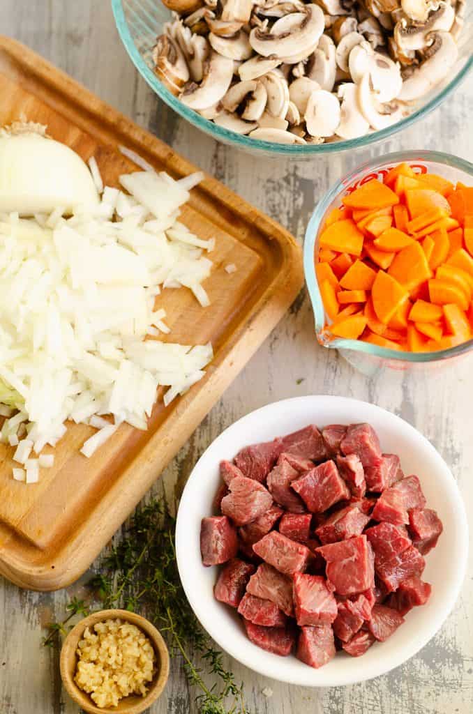 Creamy Mushroom Beef Soup ingredients on table