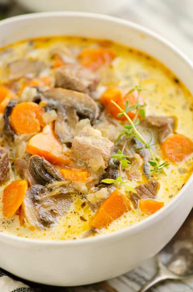 Creamy Mushroom Beef Soup in white bowl