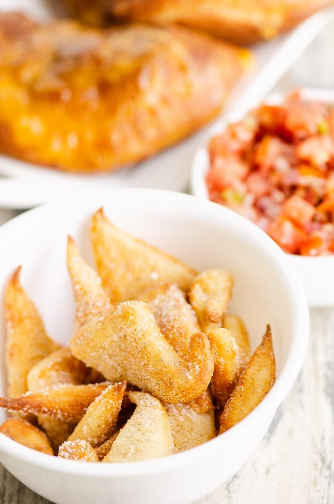 Air Fryer cinnamon sugar bites with calzone and salsa