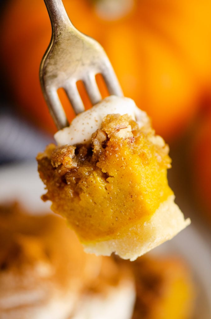 Pumpkin Pecan Custard Pie Bars bite on fork