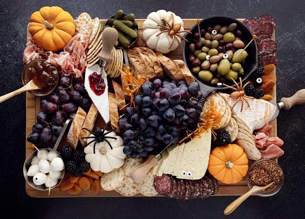 Halloween Charcuterie Board on dark table