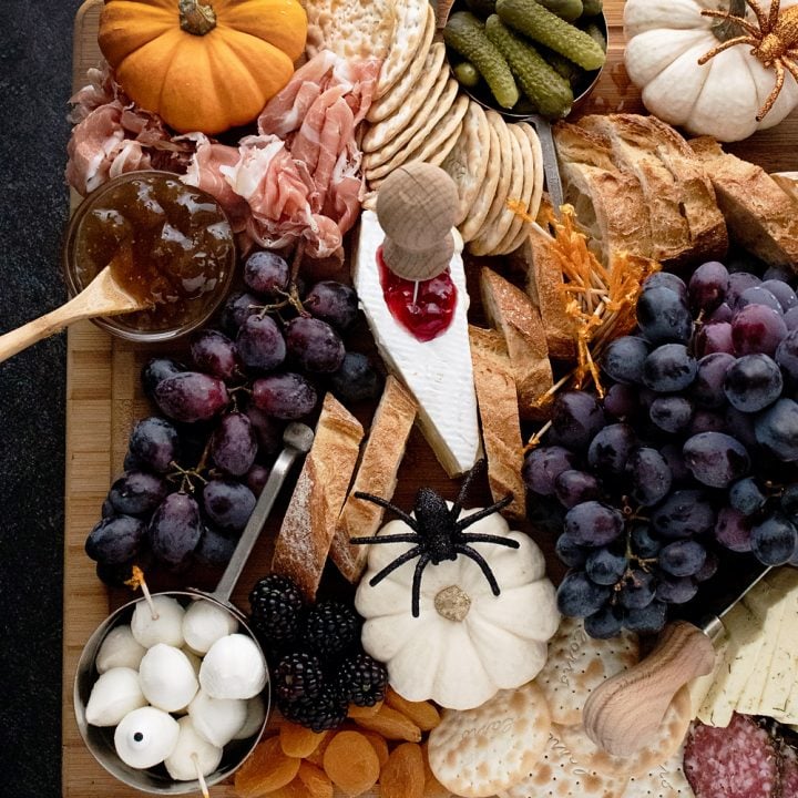 Halloween Charcuterie Board with bloody coffin cheese
