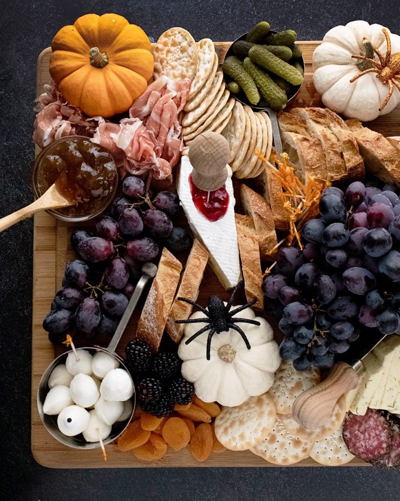 Halloween Charcuterie Board with bloody coffin cheese