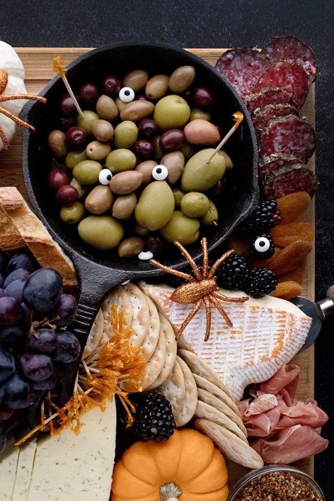 Spooky eyeball olives on Halloween Charcuterie Board