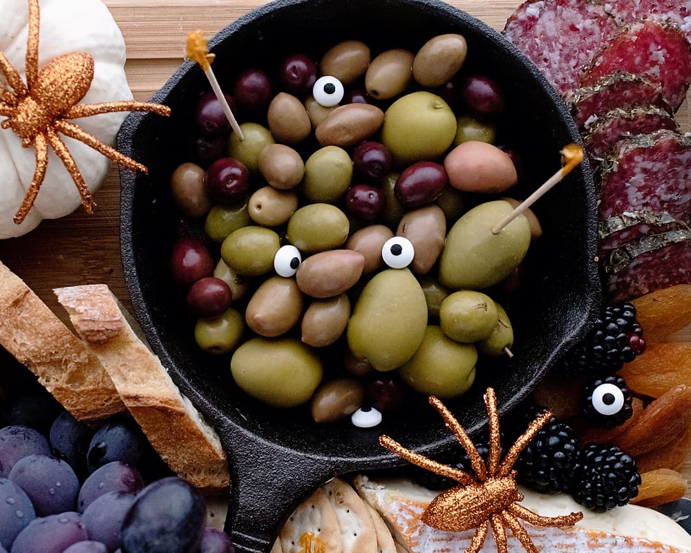 Spooky eyeball olives on Halloween Charcuterie Board